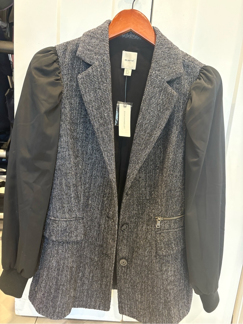 Mauve Gray Tweed Blazer with Black Puff Sleeves